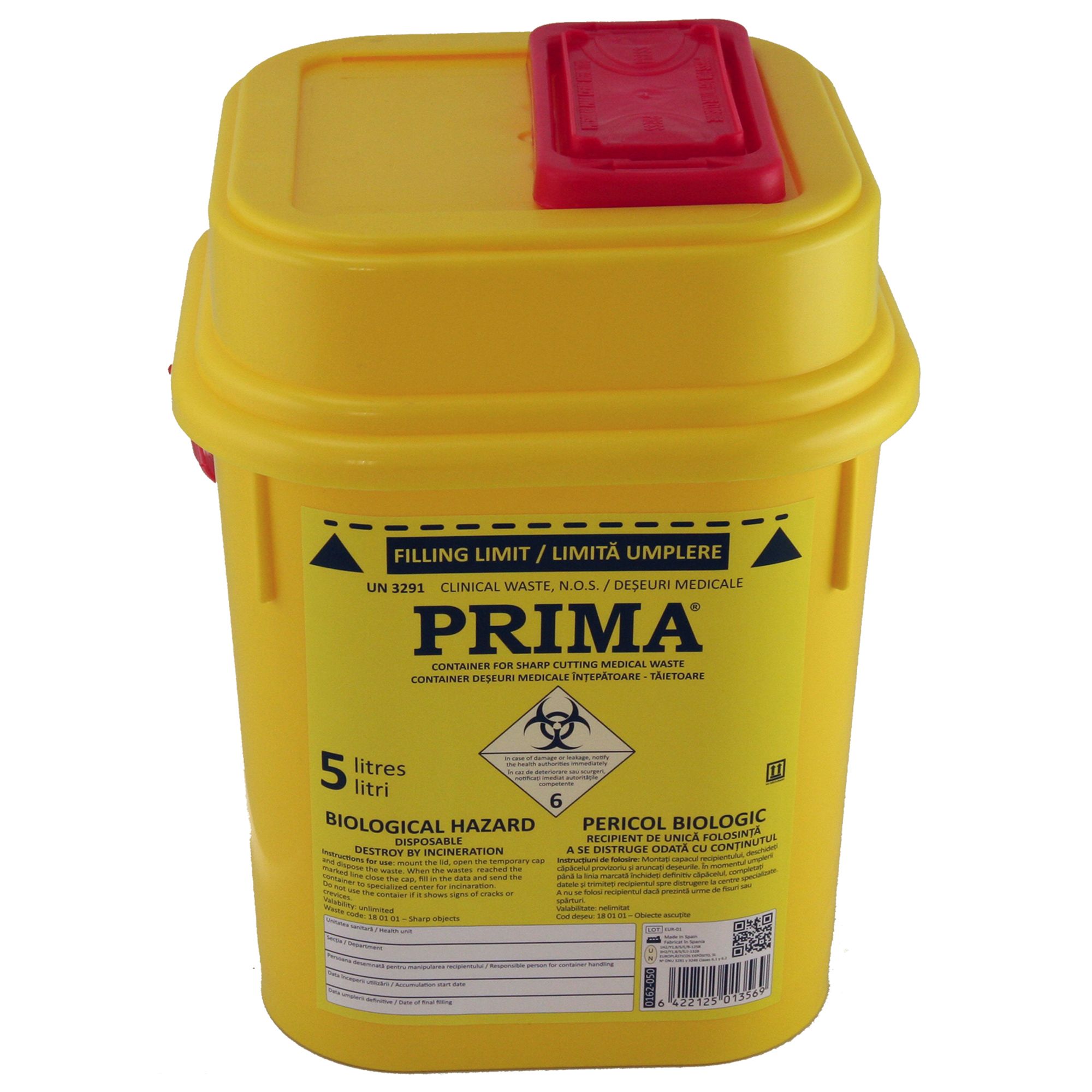 Recipient plastic pentru deseuri intepatoare, 5 litri, PRIMA, galben, unica folosinta, certificat ADR