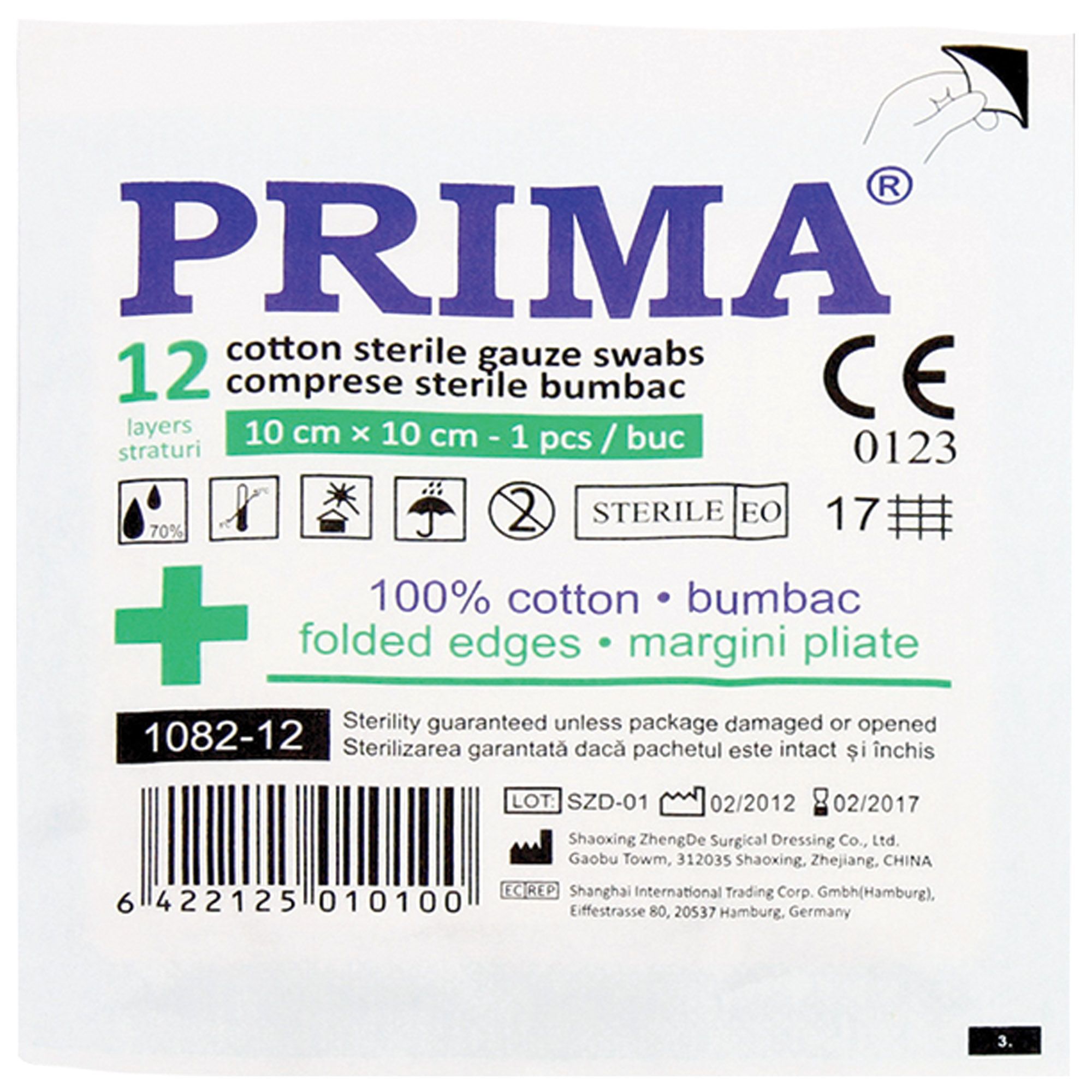 Comprese sterile din tifon, PRIMA, 10x10cm, 12 straturi/plic