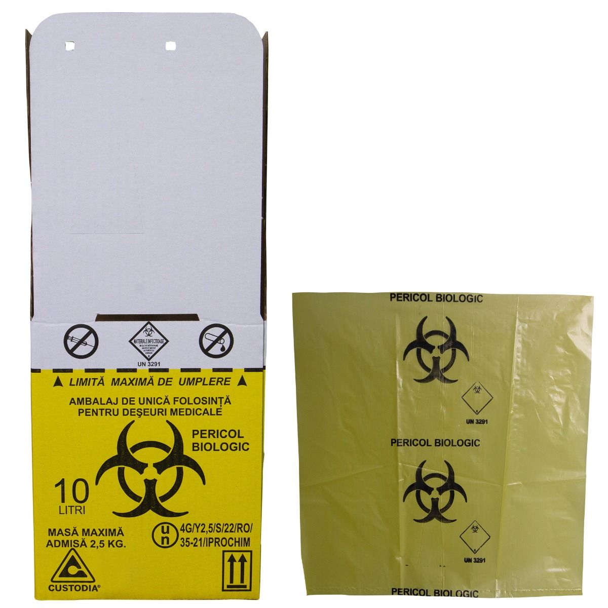 Cutie deseuri medicale 10L cu sac galben Biohazard, carton 3 straturi, pentru colectarea si incinerarea deseurilor infectioase