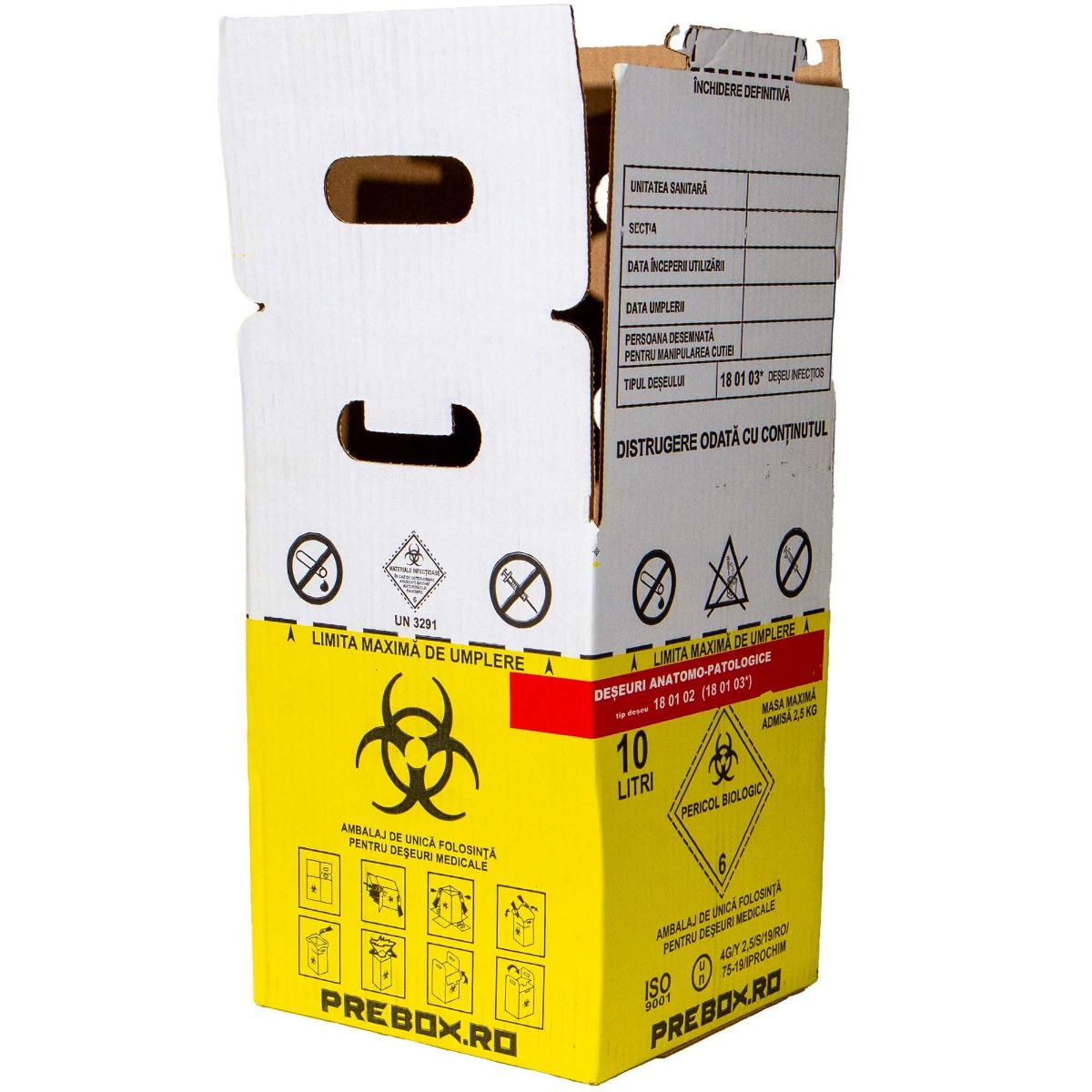 Cutie deseuri medicale 10L cu sac galben Biohazard si banda rosie, carton 3 straturi, ADR, pentru colectare deseuri anatomo-patologice