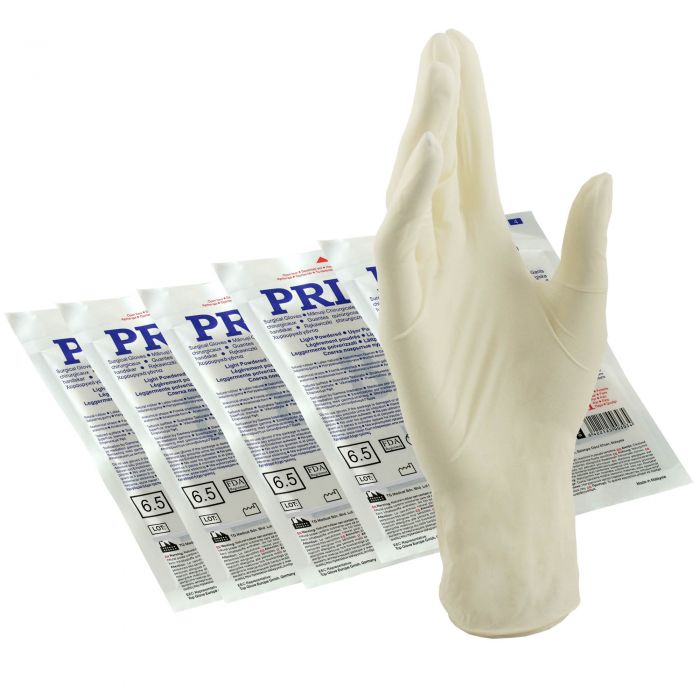 Manusi chirurgicale albe din latex, sterile, PRIMA, usor pudrate, marimi 60 - 85, 1 pereche