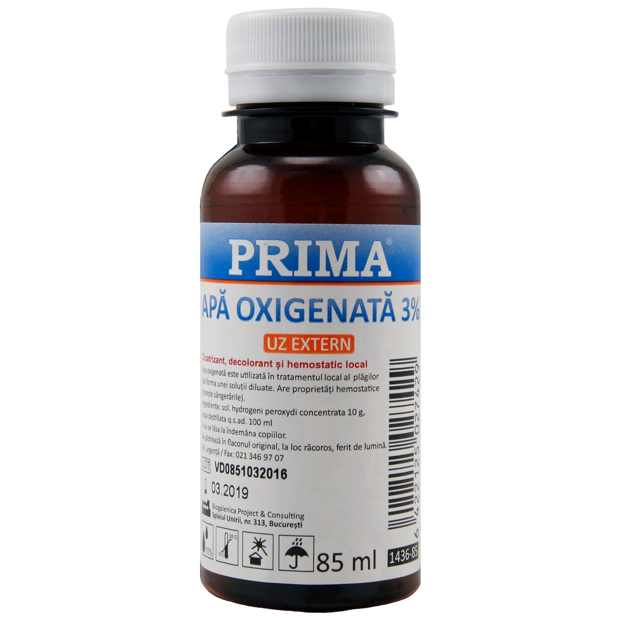 Apa oxigenata (peroxid de hidrogen) 3% PRIMA 85 ml, antiseptic, hemostatic, pentru rani si igiena orala