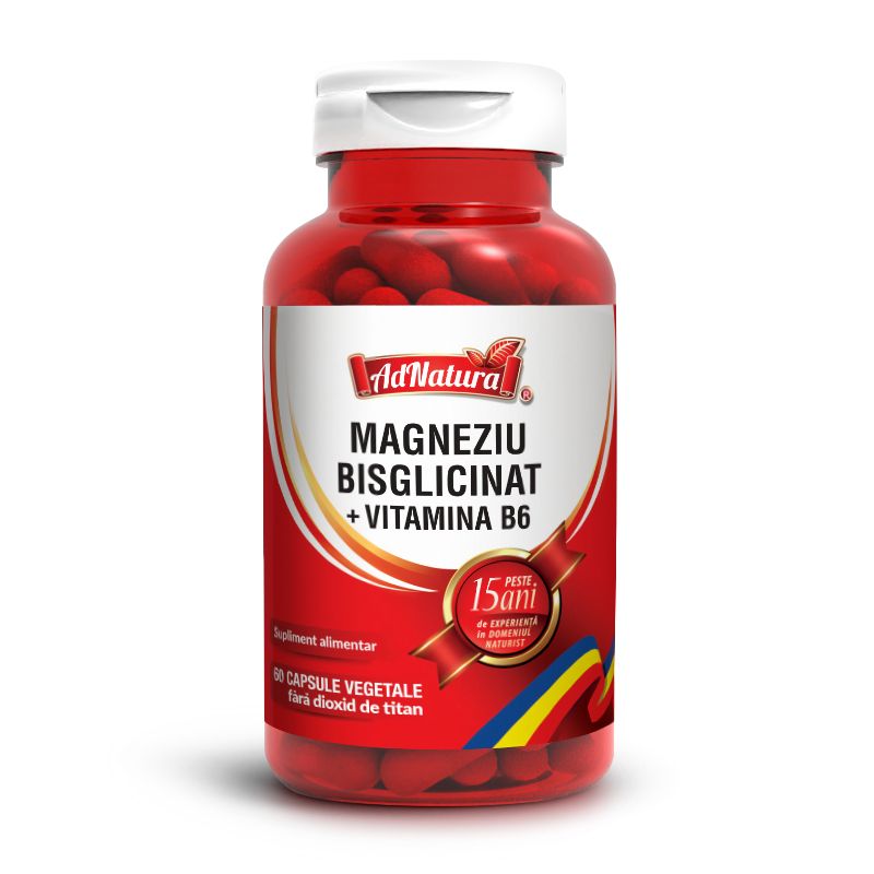 Magneziu bisglicinat + vitamina B6, pentru reducerea oboselii si a extenuarii, Ad Natura, 60 capsule