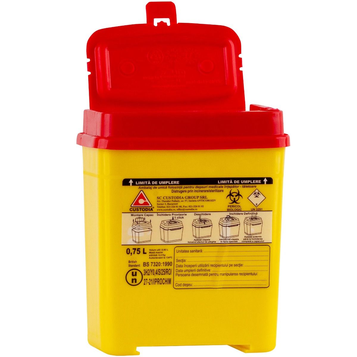 Recipient plastic pentru deseuri intepatoare, 0.75 litri, galben, unica folosinta, certificat ADR