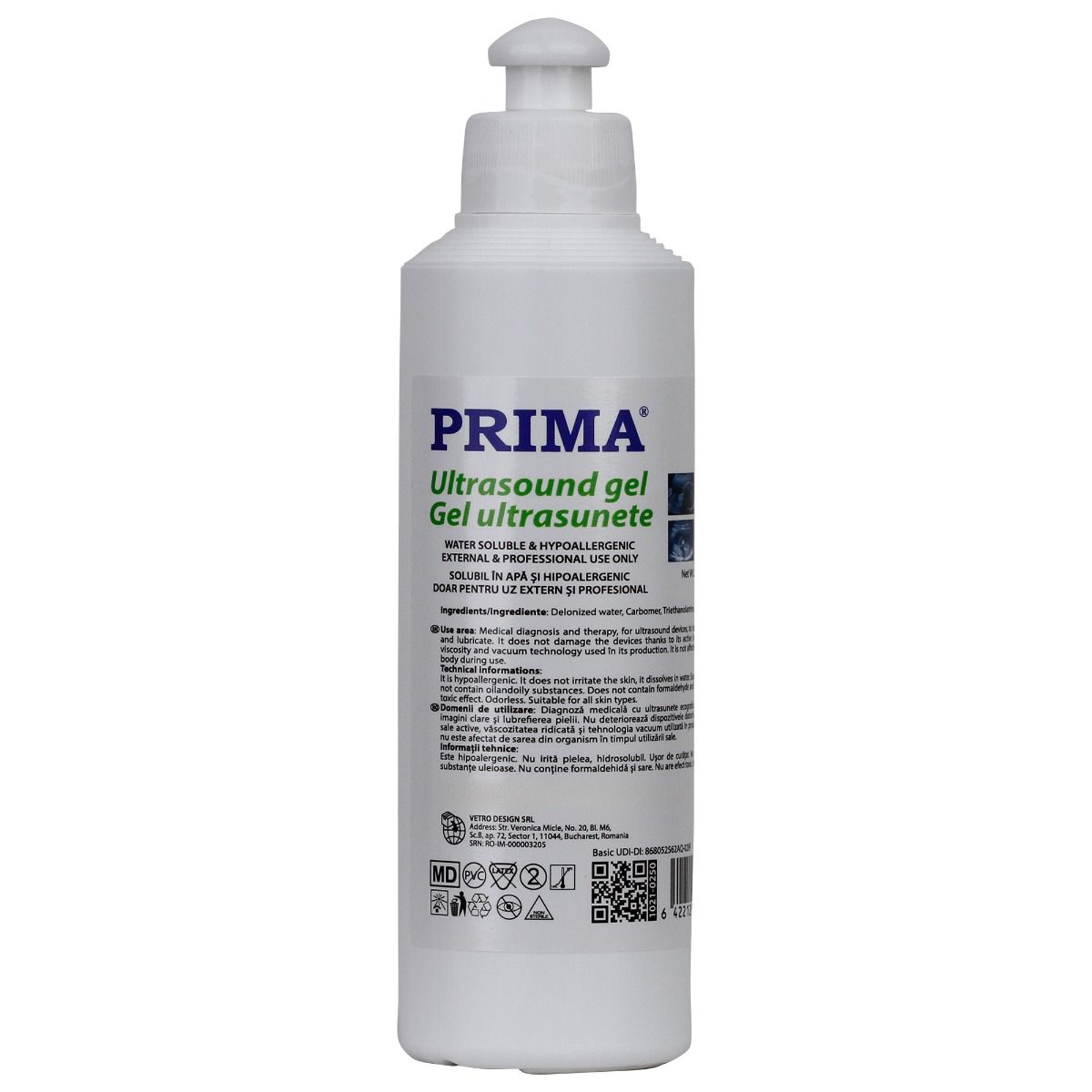 Gel ecografie transparent conductor pentru ultrasunete PRIMA, EKG si ECG, 250 ml
