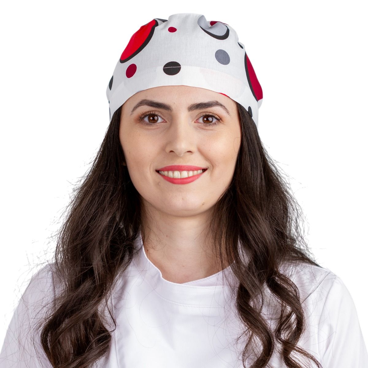 Bonetă medicală PRIMA Imprimeu buline roșii, unisex, cu legături, bumbac