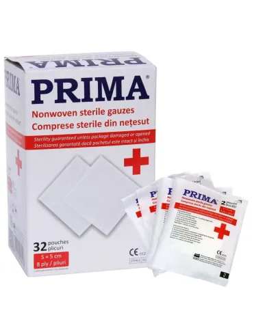Comprese sterile din PPSB, PRIMA, pliate in 8, 5x5cm, 2 bucati/plic, 32 plicuri