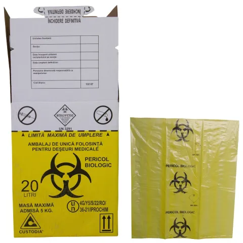 Cutie deseuri medicale 20L cu sac galben Biohazard, carton 3 straturi, pentru colectarea si incinerarea deseurilor infectioase