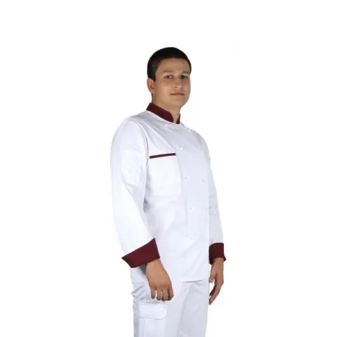Tunică bucătar EDY Premium albă cu bordură grena