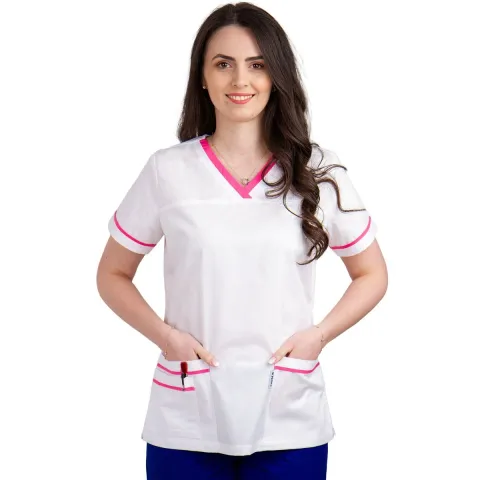 Bluză medicală damă, TINA Premium, alb/roz