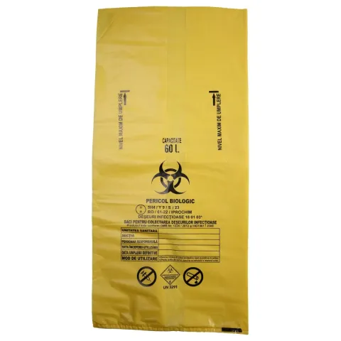 Saci galbeni pericol biologic 60L (520x700x0.05 mm) BIOHAZARD ADR, 50 microni, 50 bucati - saci deseuri medicale certificati