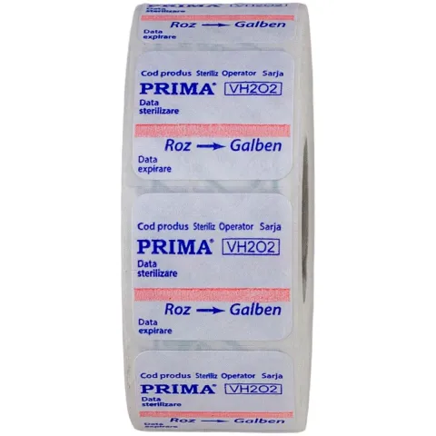 Etichete dublu adezive PRIMA cu indicator chimic pentru sterilizare cu plasma, 29 x 28 mm, 500/rola