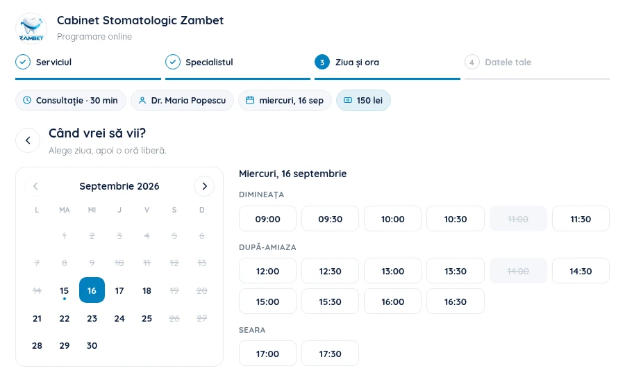 Formularul de programare online: pacientul alege ziua în calendar și o oră liberă